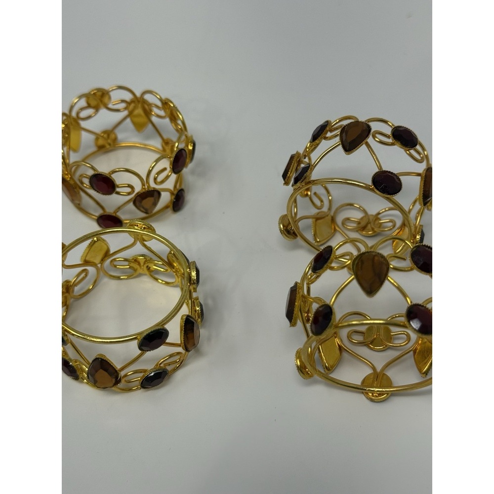 4 Pier One Imports Jeweled Napkin Rings Red & Amber Set In Gold Tone Metal - Picture 5 of 5